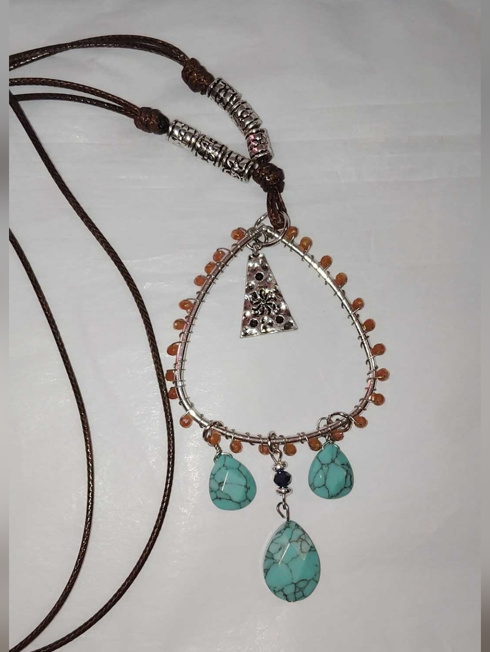 Southwestern Boho Necklace SilverTone Turquoise Stones Double Brown Knotted Cord